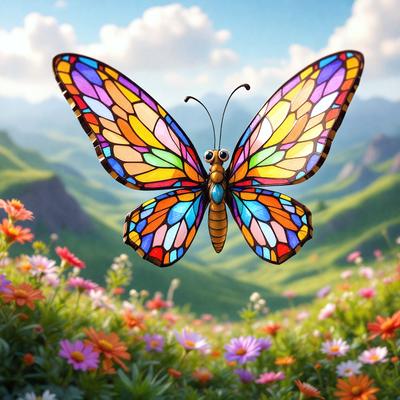Primary subject: A colorful butterfly with a yellow body and green wings.

Setting/background: A lush green field with a mountain in the background.

Visual style: Digital art.

Colors and mood: The butterfly is vibrant and lively, with a cheerful and positive atmosphere.